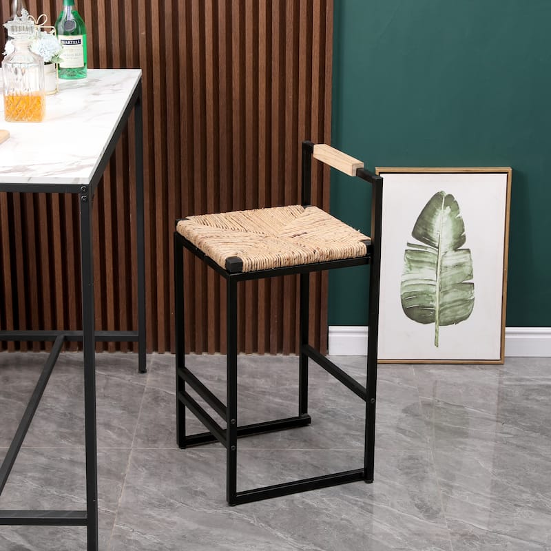 2pcs Bar Stools with Back Paper Rope Woven Counter Height Dining Chairs - N/A - Natural