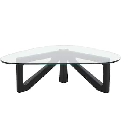 36" Triangular Mid Century Modern Accent Center Coffee Table with Glass Top and Wood Base for Living Room