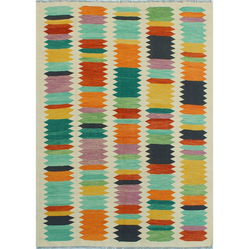 Modern Flatweave Reid Ivory/Green Rug - 5'10" x 7'10"