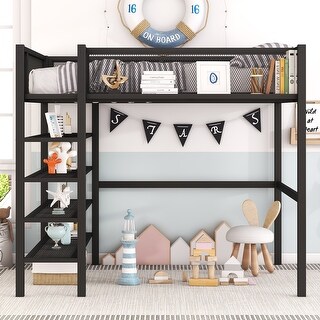 Full Size Metal Frame Loft Bed with 4-Tier Storage Shelves and Full ...