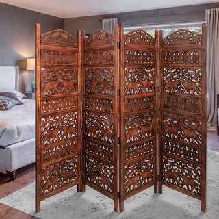 80 Inch Handcrafted 4 Panel Carved Wood Room Divider Screen - Bed Bath ...