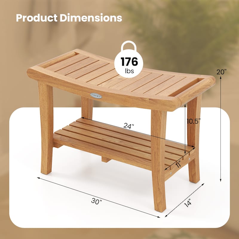 Gymax 30'' Large Teak Shower Stool w/ Storage Shelf Non-slip &