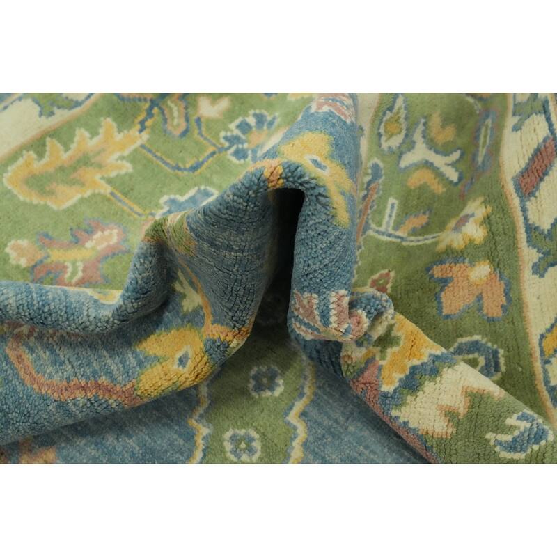 Vegetable Dye Blue Oushak Turkish Area Rug, Floral Geometric Carpet - 11' 9'' X 9' 5''