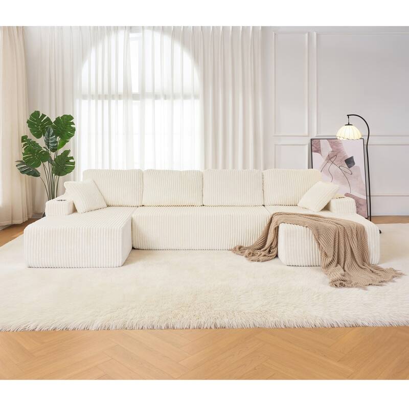 130" U-Shaped Corduroy Sectional Sofa with Cup Holders, No Assembly Required
