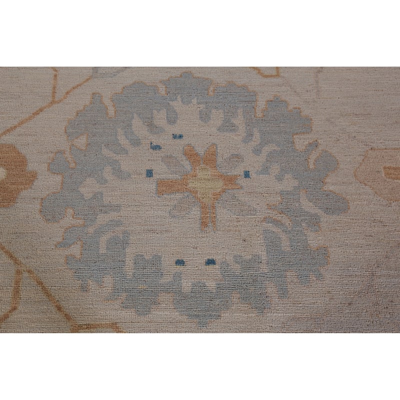 Vegetable Dye Oushak Turkish Rug Hand-Knotted Beige Wool Carpet - 12'6" x 14'9"