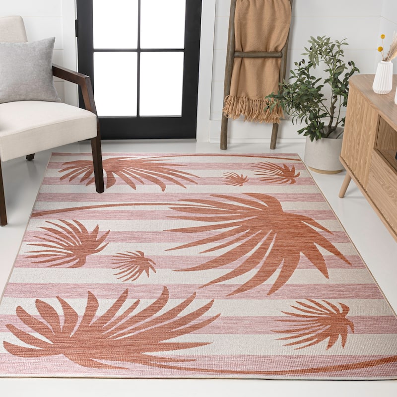 JONATHAN Y Veronica Classic Beach Stripe and Palm Leaf Indoor/Outdoor Area Rug - 3 X 5 - Pink/Cream