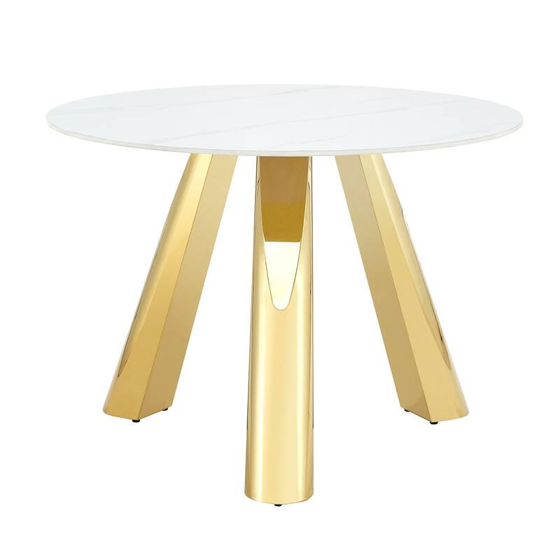 42" Modern Luxury Round Sintered Stone Dining Set Gold Metal Base + 4 Black PU Upholstered Chairs Elegant Contemporary C