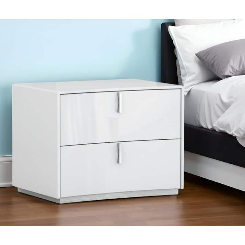 White Wood Modern 2-Drawer Nightstand with Grey Legs and Metal Handles