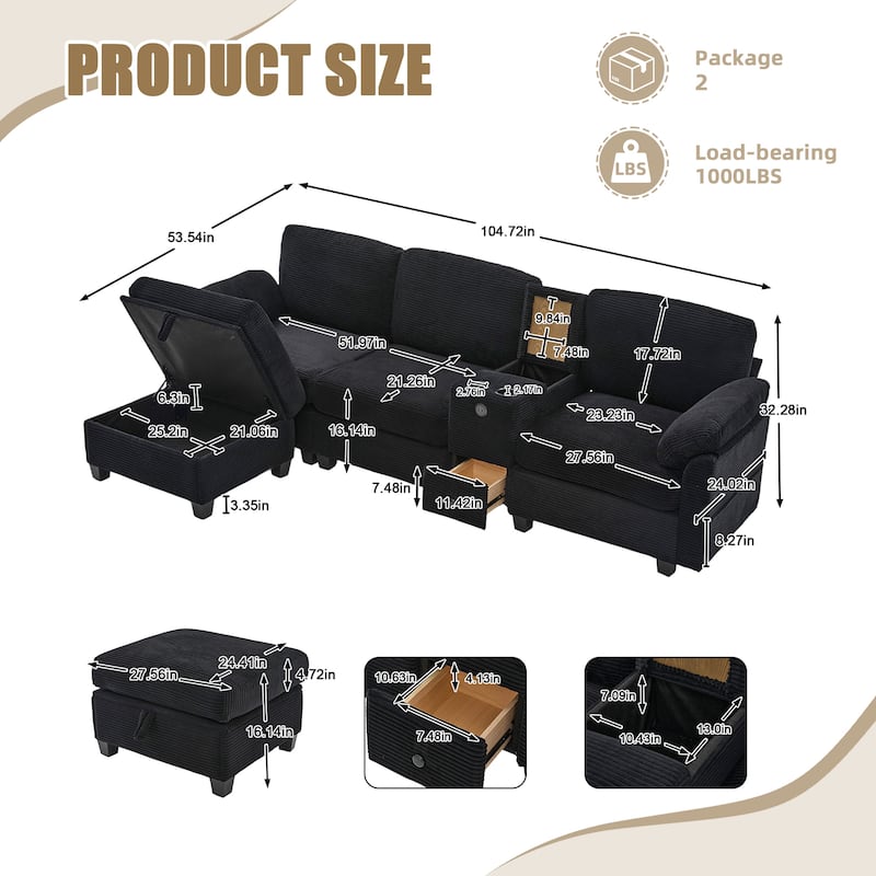 HOMEFUN Corduroy Upholstered L-Shaped 4-seater Storage Multifunctional Sectional Sofa with Storage Ottoman,Cup Holder and USB