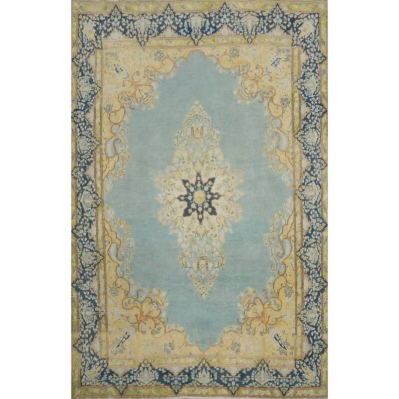 Hand Knotted Oriental 100% Wool Carpet Traditional Floral Navy Blue & Blues Kerman Area Rug - 10' 1'' X 7' 4''