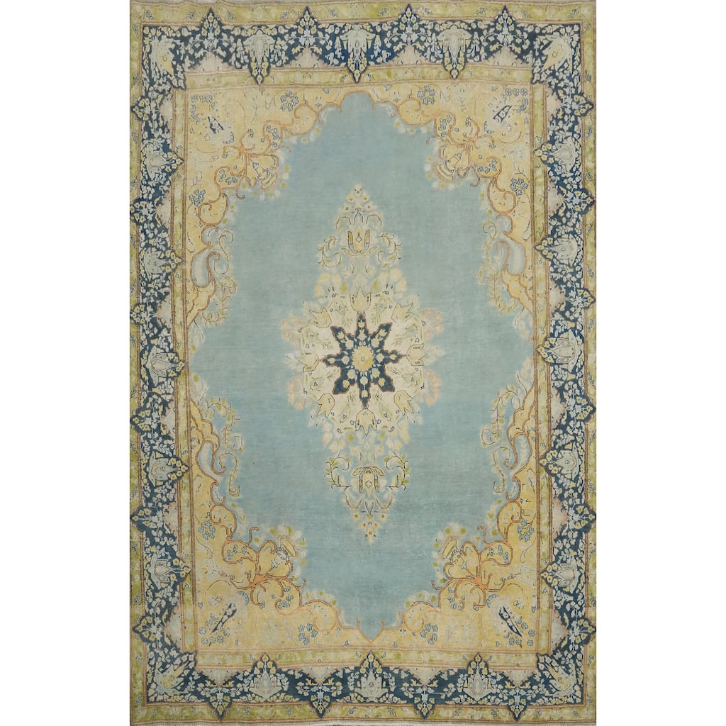 Hand Knotted Oriental 100% Wool Carpet Traditional Floral Navy Blue & Blues Kerman Area Rug - 10' 1'' X 7' 4''