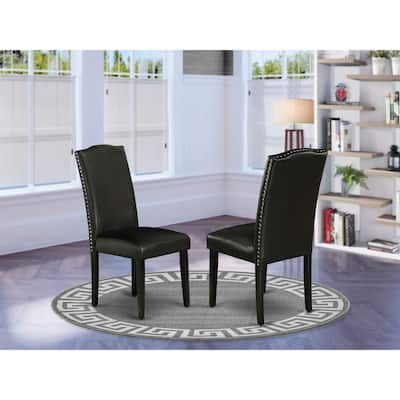 East West Furniture Encinal Parson Dining Room Chairs - Nailhead Trim Black Faux Leather Padded Chairs, Set of 2, Black