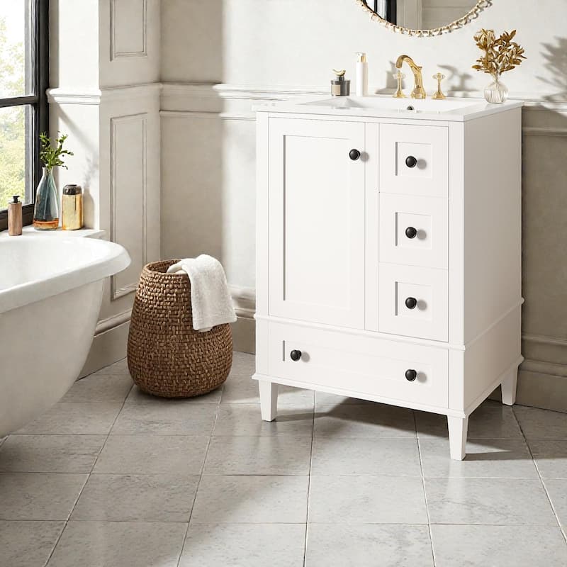 24" Bathroom Vanity with Integrated Ceramic Sink, Soft-Close Drawers and Door, Cabinet with Door Storage Rack