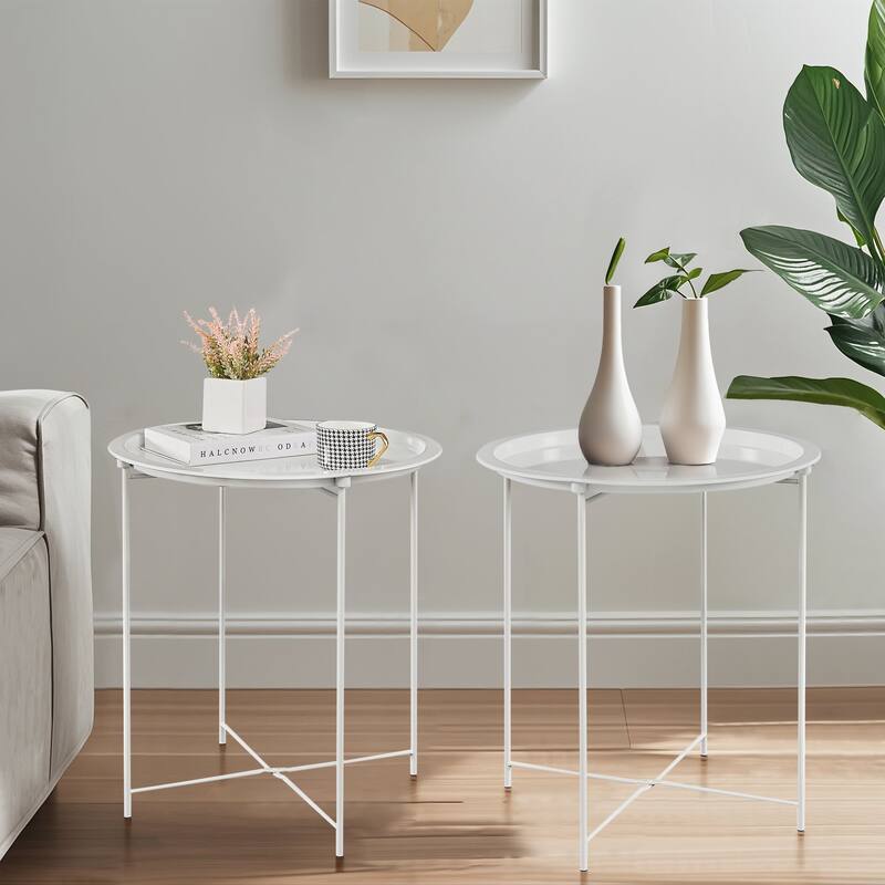 VECELO Side/End Table, Folding Round Metal Anti-Rust and Waterproof Outdoor for Living Room Bedroom,Nightstands