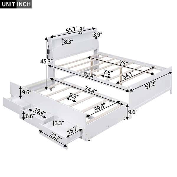 Full Size Wooden Platform Bed Captain Bed Space-Saving Heavy Duty Wood Bed Frame with Trundle, 3 Stroage Drawers - White