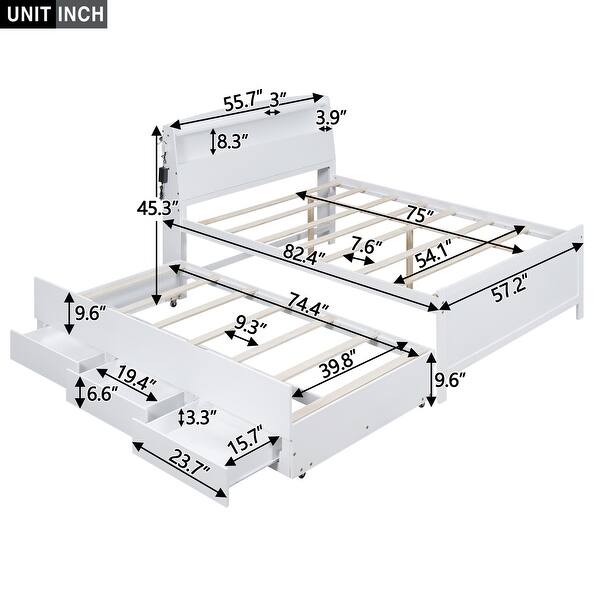 dimension image slide 0 of 2, Twin Size Platform Bed with Storage LED Headboard, Twin Size Trundle and 3 Drawers, White
