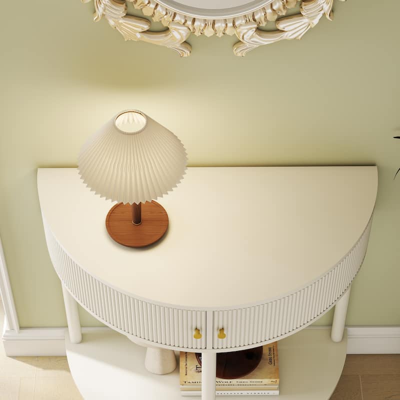 Artisan-Crafted Demi-Lune Console Table,Unique Half Moon Design End Table with 2 Drawers and Shelf