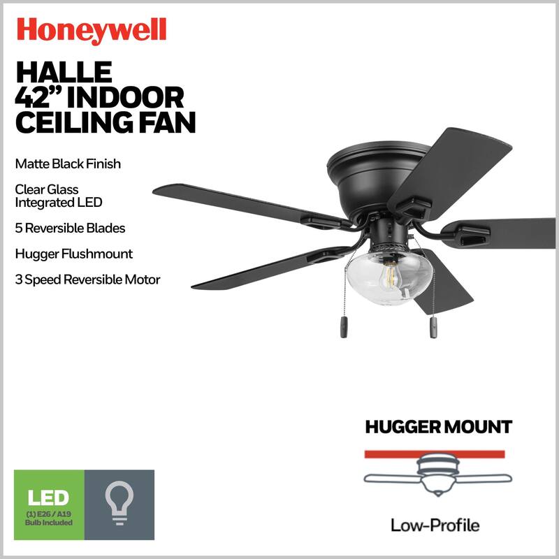 Honeywell 42" Halle Indoor Matte Black Ceiling Fan with Light & Pull Chain - 42 Inches