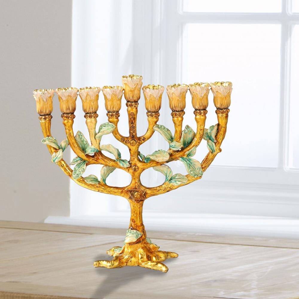 Matashi Hand Painted Enamel Menorah Candelabra w/ Tree & Flower