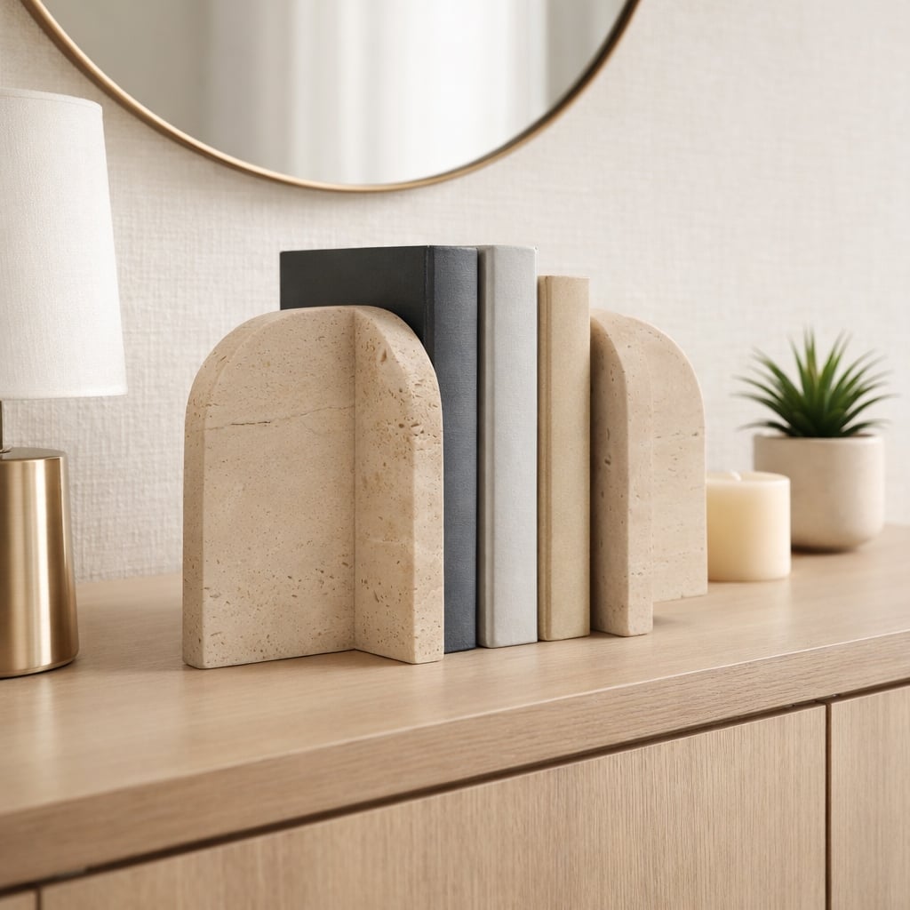 Stone Marble Arched Design Bookends Set - Tan, 6" - 6.0"