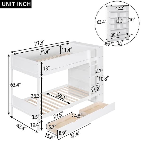 dimension image slide 0 of 2, Twin over Twin Bunk Bed Kids Bed Frame with Side Bookcase Cabinet, Pull-out Drawers, Wooden Panel Bed for Kids Bedroom