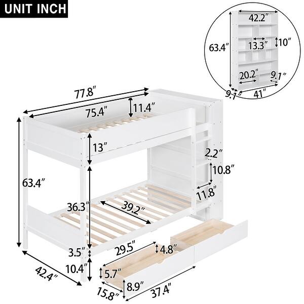 dimension image slide 1 of 2, Twin over Twin Bunk Bed With 2 Drawers And Multi-layer Cabinet For Bedroom