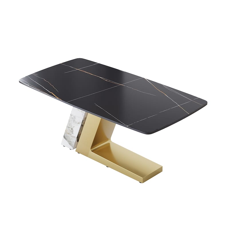 Rectangle Dining Table Faux Marble Tabletop Sintered Stone Panel with Stainless Steel Pedestal