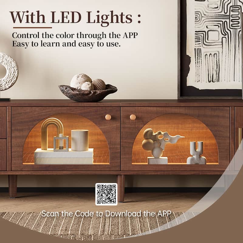 Mid-Century Modern LED TV Stand for TVs up to 90", Rattan Media Console Entertainment Center with App Controlled LED Lights