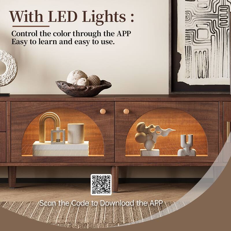 Rossetta 86'' 2-Drawer Elegant Rattan Texture TV Stand with Integrated Multi-Color LED Lights, up to 90"