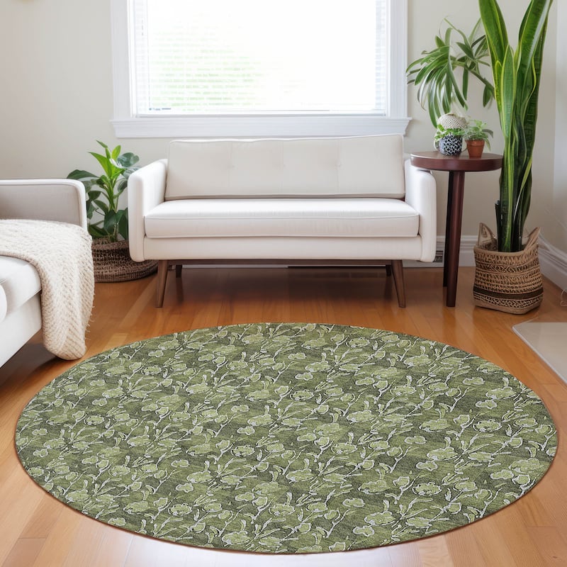 Machine Washable Indoor/ Outdoor Chantille Modern Floral Impressions Rug - Olive - 8' x 8'