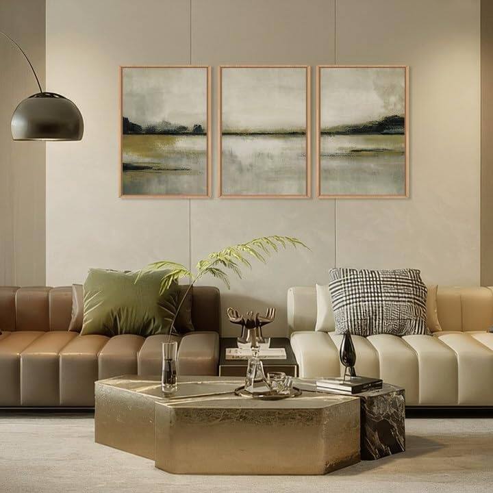 Abstrcat Mountain Lake Wall Decor, Neutral Tan Scenery Wall Painting