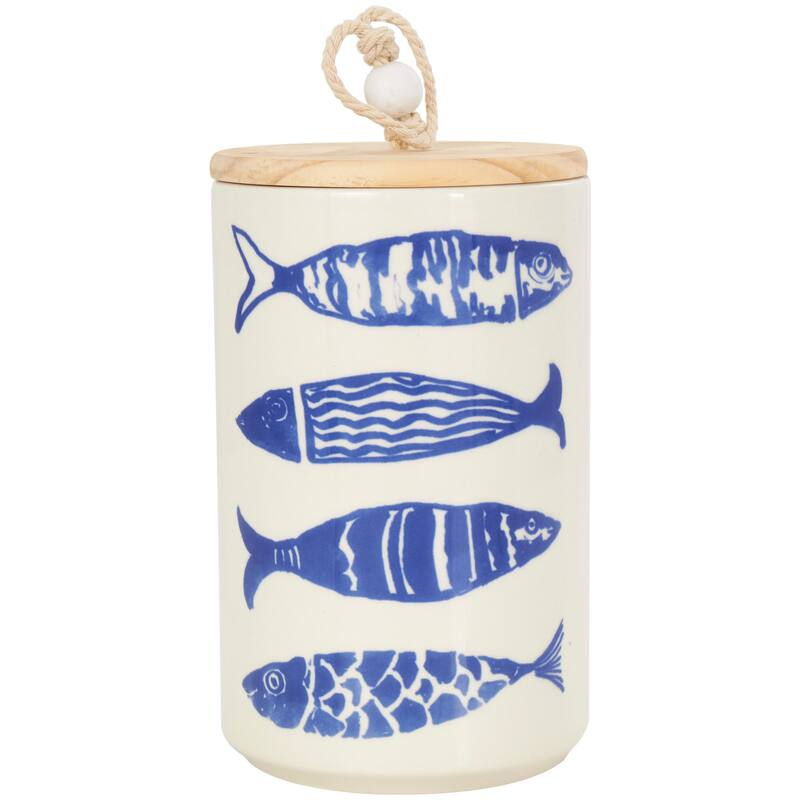 Cream or Blue Ceramic Canisters with Brown Wood Lids and Beaded Accents (Set of 3)