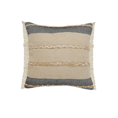 HomeRoots 20" X 20" Beige And Ivory Jute Striped Zippered Pillow With Fringe