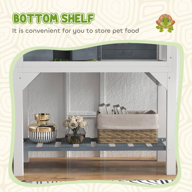 PawHut Tortoise Habitat with Storage Shelf, Wooden Tortoise Enclosure with Clear Windows, Lamp Holder, Openable Top