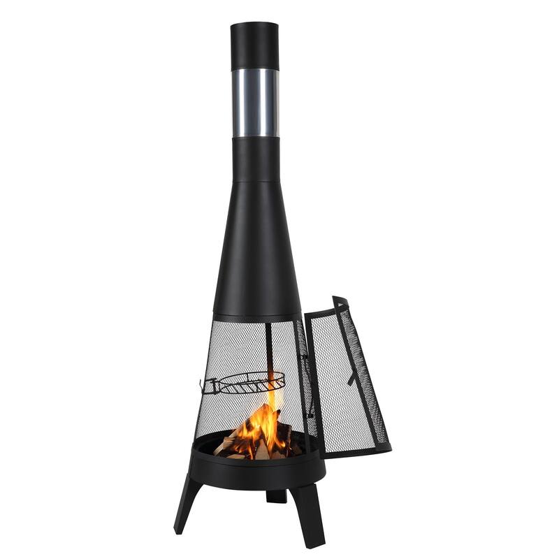 20 Inch Chiminea Outdoor Wood Burning Firepit with Grill Mesh & Chimney Coat