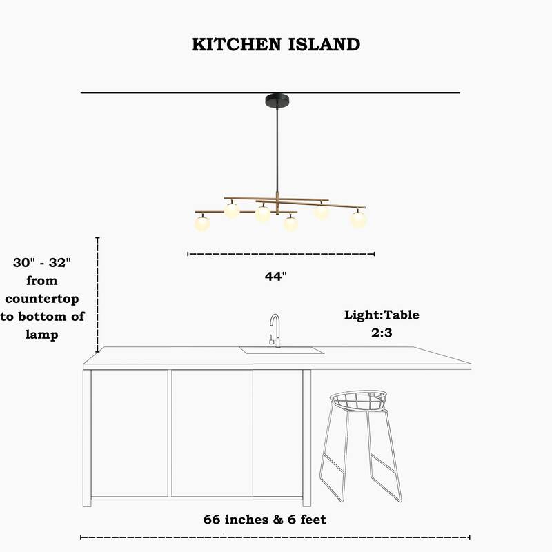 Modern 6-Light Black Gold LED Chandelier Linear Glass Pendant Lights for Dining Room - 44" L x 13" W x 9.8" H