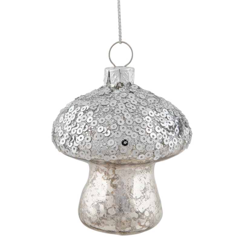 3.5" Sequined Silver Mushroom Glass Christmas Ornament