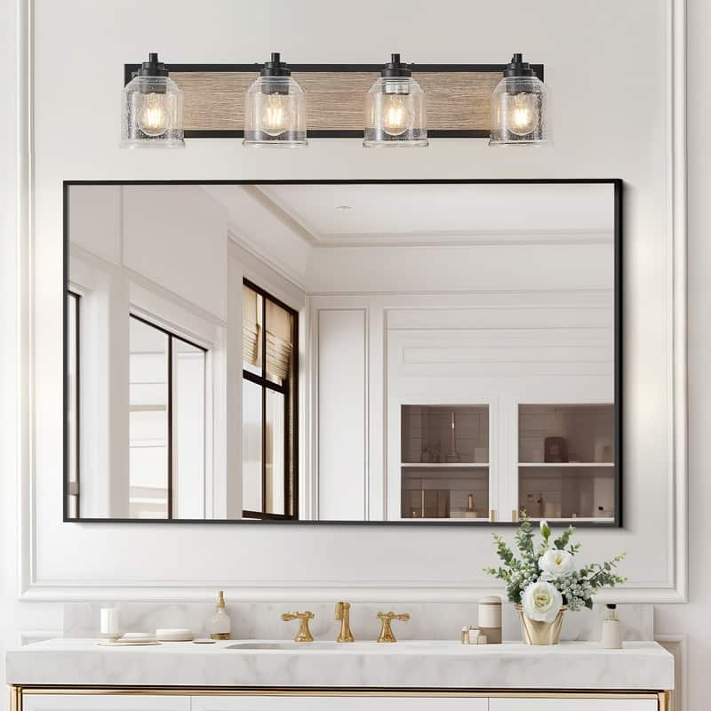 Farmhouse Vanity Sconce with Seeded Glass – Black/Wood Finish for Bathrooms (Bulbs Not Included)‌ - 32"