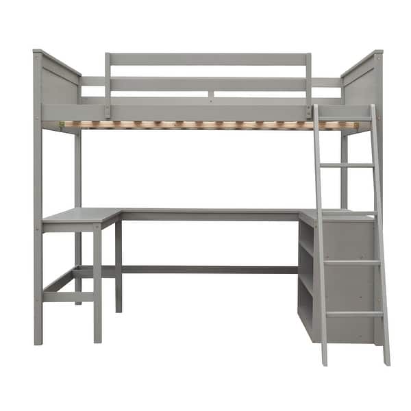 slide 2 of 57, Full Loft Bed with Shelves, Desk, and Ladder, Space-Saving Wood Frame Gray