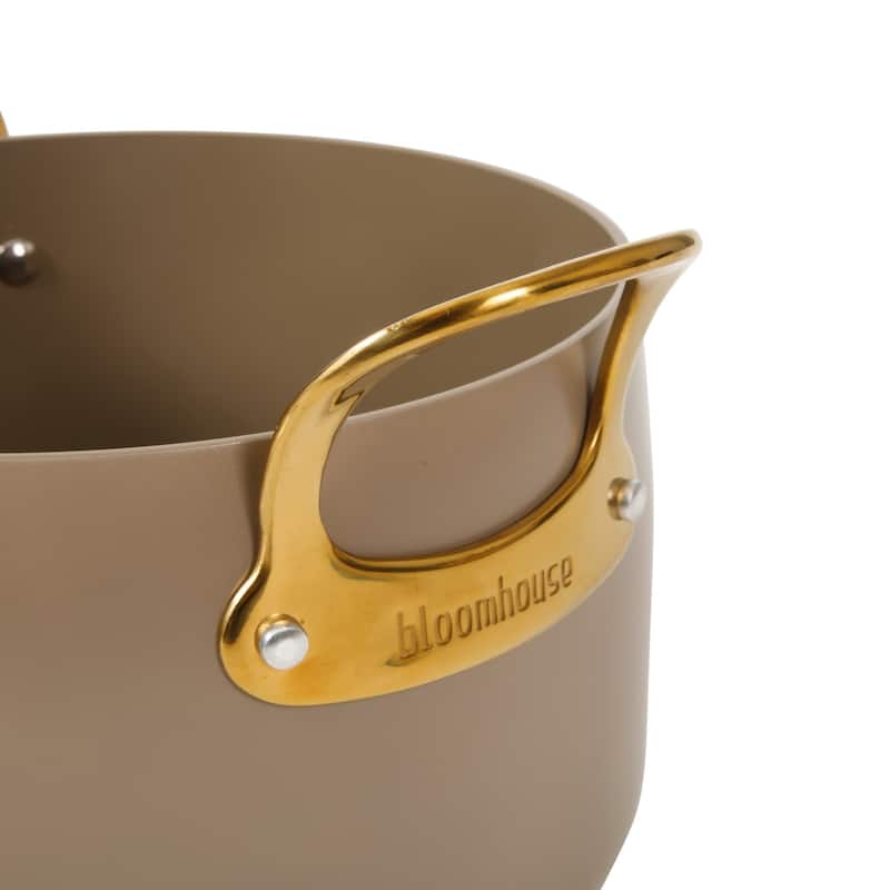 Bloomhouse Pots and Pans Heavy Duty Aluminum Premium PFA Free Ceramic Nonstick - Cappucino Cream with Gold Handle