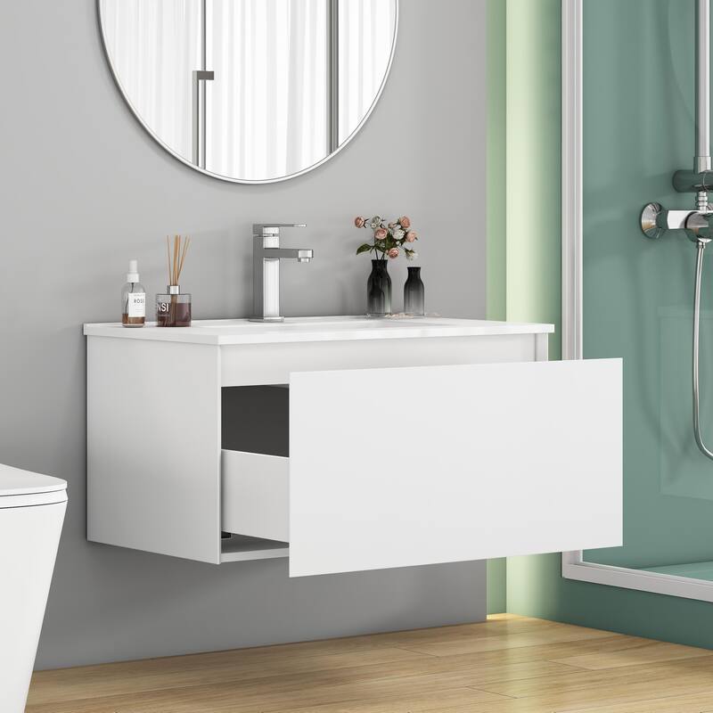 Wall-Mounted Bathroom Vanity, Floating Single Drawer Cabinet, 32 Inch Integrated Ceramic Sink