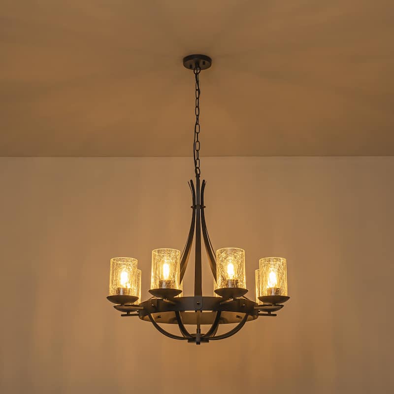 8-Light Industrial Wagon-Wheel Chandelier with Clear Cracked Glass Shades in Matte Black - 28 in. W x 28 in. H