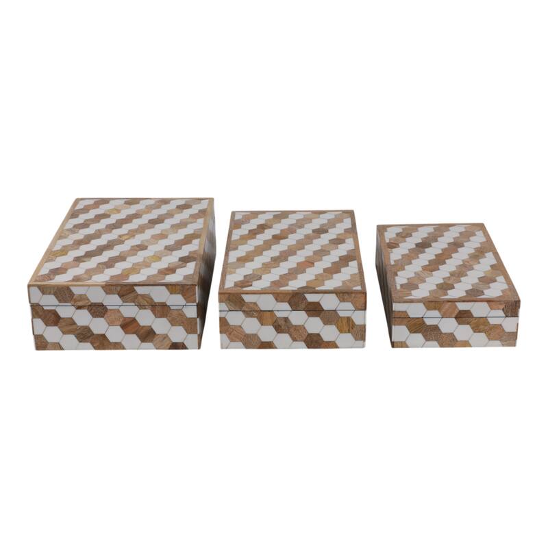 Wood Storage Boxes Geometric Inlay Modern Accent Decor (Set of 3) - 12" x 8" x 3.75"
