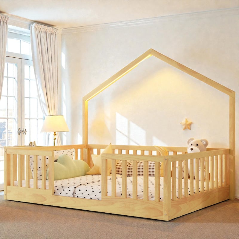 Wood Floor Bed with High Guardrails and LED Light, Montessori Style Low Profile Bed for Kids - Natural - Full