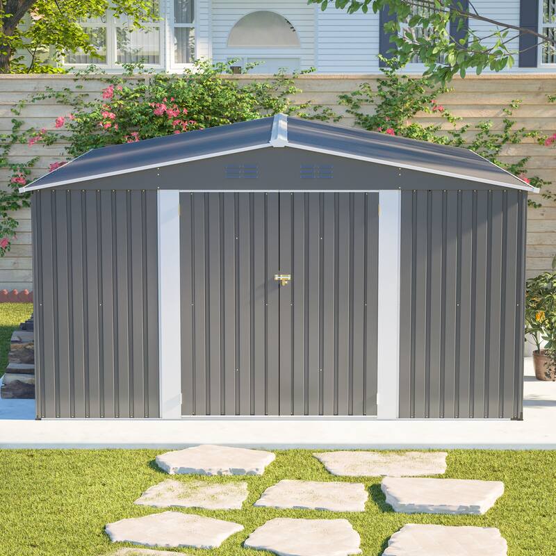 GDFStudio - Cassandra Large Outdoor Metal Storage Shed with Lockable Doors for Secure Vehicle and Equipment Storage - 12x14 FT - Gray