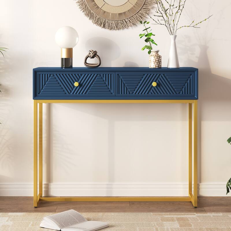 38" Modern Console Table with Two Drawers and Gold Metal Base for Entryway, Living Room