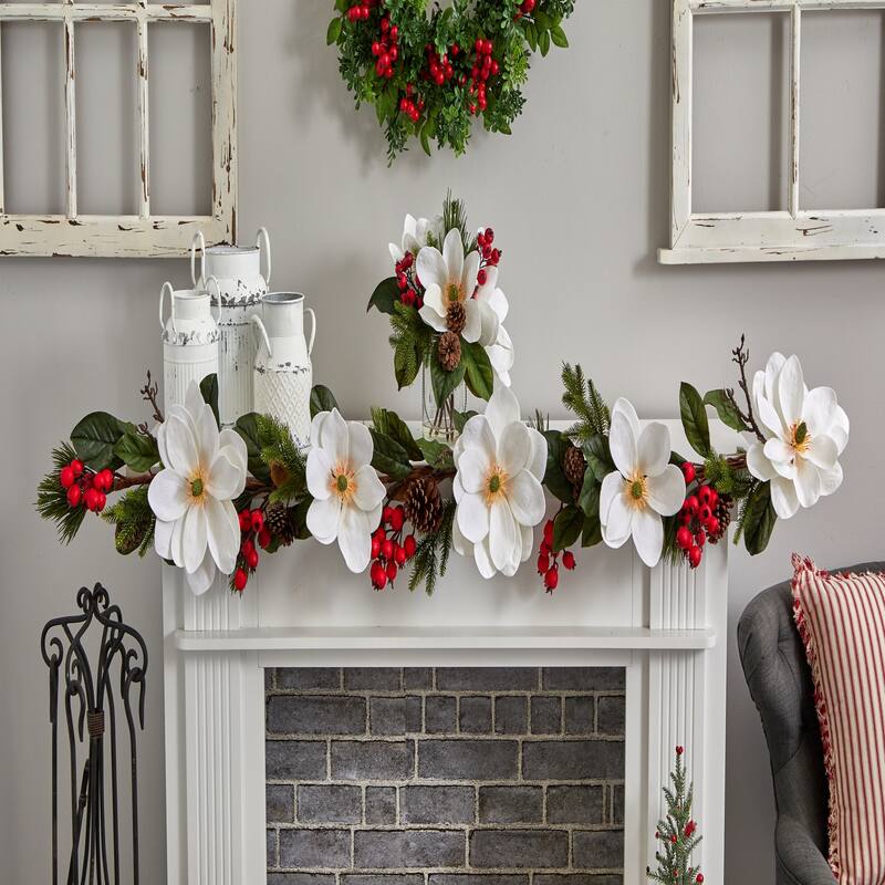 Artificial Garland 6Ft Magnolia Pine Berry Decor Home Holiday Decor - 72