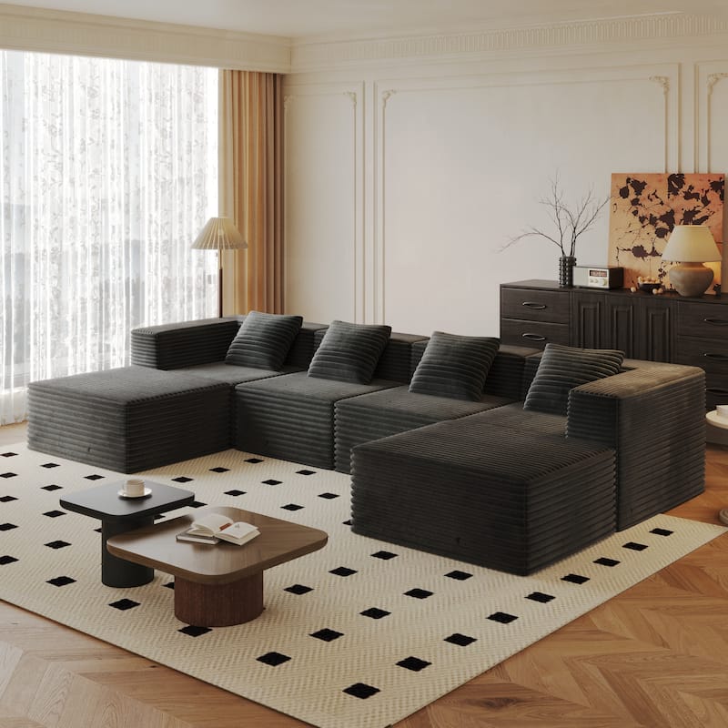 Modular Boneless Sectional Sofa, Deep Seat U-Shaped Corduroy Couch
