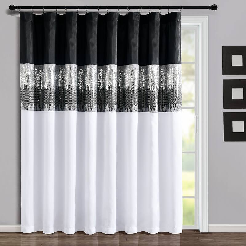 Silver Orchid Page Two-tone Faux Silk Glamorous Sequins Sparkle Single Curtain Panel - 84" x 100" - Black/White