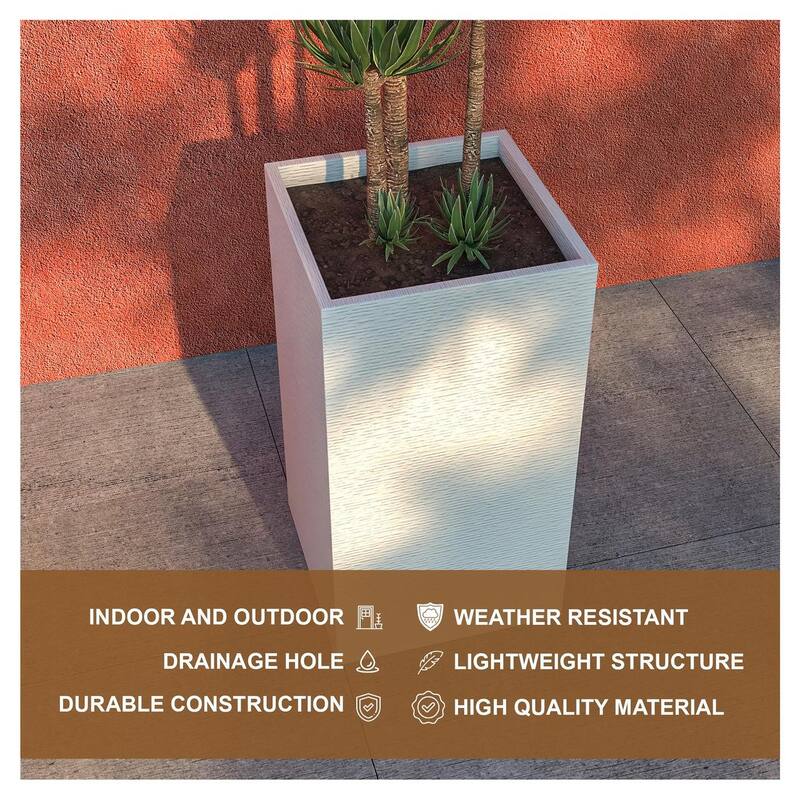 Basalt Modern Tall Square MGO Fiberstone Planter with Drainage, Weather-Resistant Indoor & Outdoor Patio Pot